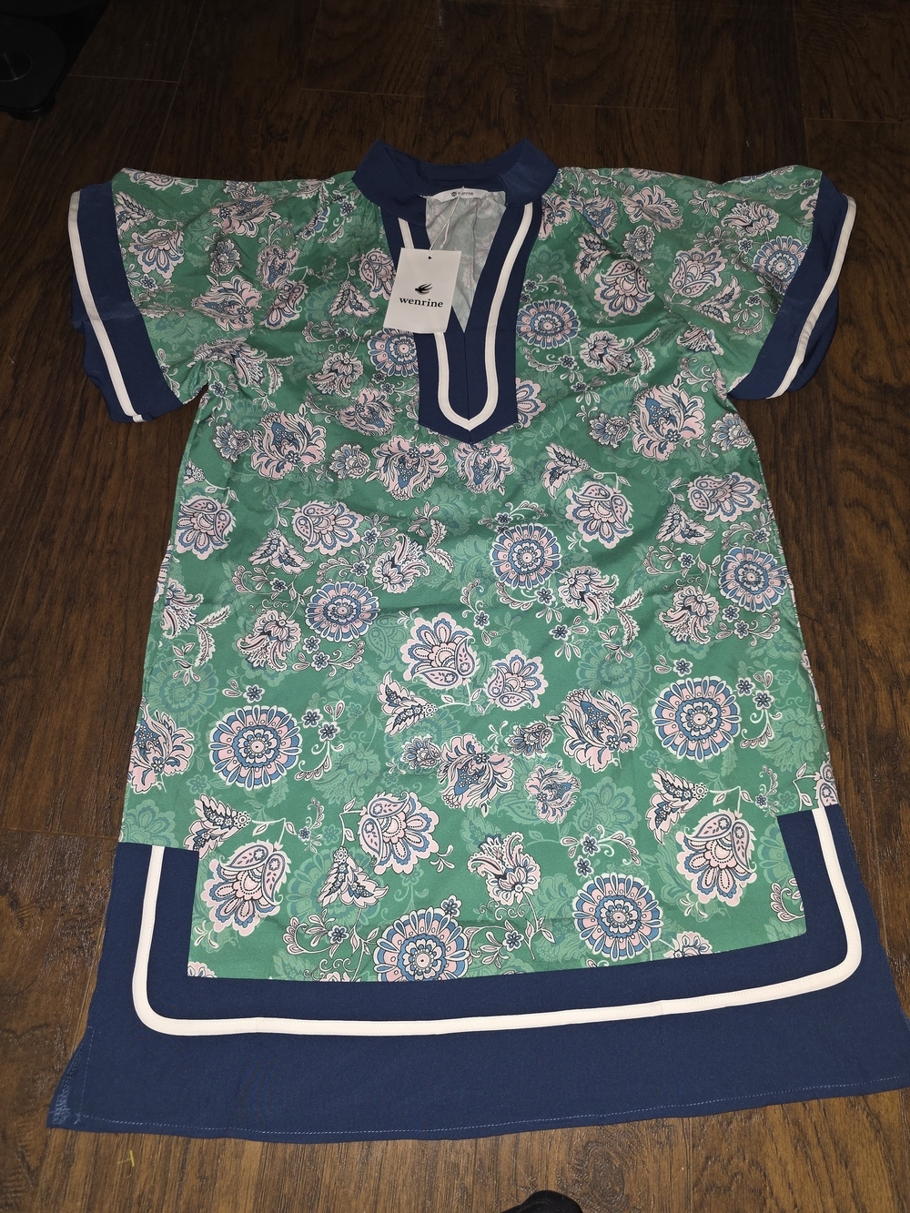 Women's Green Floral Mini Dress with Navy Trim - Picture 2 of 8